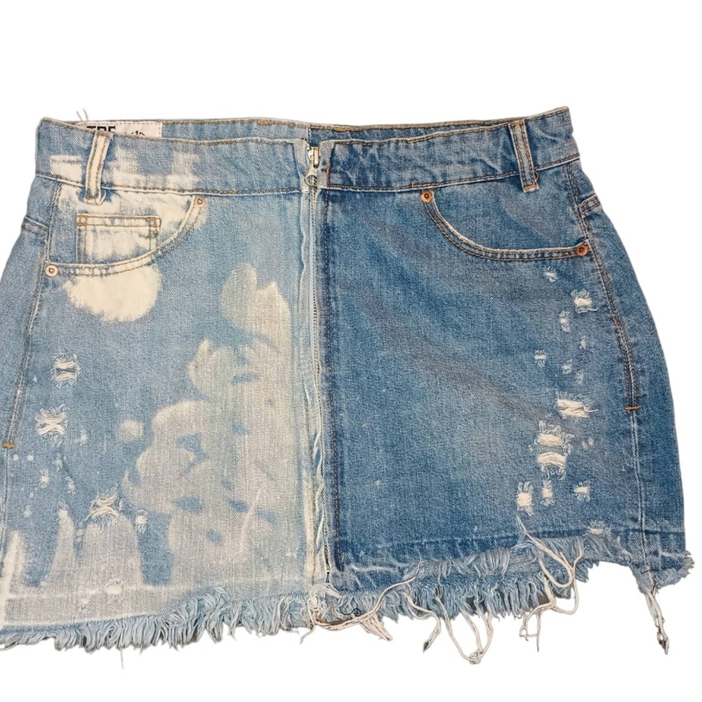 Zara TRF Denim Mixed Makers Mini Skirt Blue Two Tone Distressed Raw Hem M 28